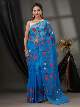 CHARUKRITI - Cobalt Blue Resham Kota Handwoven Saree without Blouse & Floral Applique