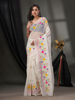 CHARUKRITI - White Resham Kota Handwoven Saree without Blouse & Floral Border
