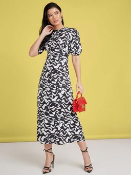 Styli - Black Cuffed Sleeves Abstract Print A-line Midi Dress