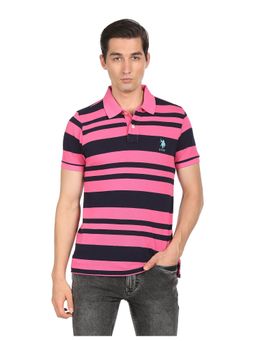 U.S. POLO ASSN. - Men Pink And Navy Ribbed Collar Striped Polo T-Shirt