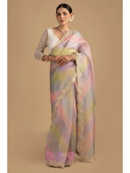 Zal from Benaras - Pastel Multicoloured Pure Organza Silk Pearl Handwork Saree with Stitched Blouse