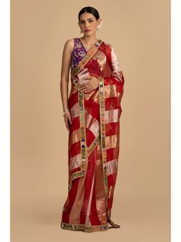 Zal from Benaras - Red Pure Organza Silk Banarasi Saree with Stitched Blouse