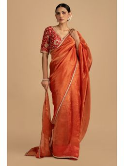 Zal from Benaras - Red Pure Organza Zari Silk Banarasi Saree with Stitched Blouse