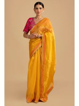 Zal from Benaras - Yellow Pure Organza Zari Silk Banrasi Saree with Stitched Blouse