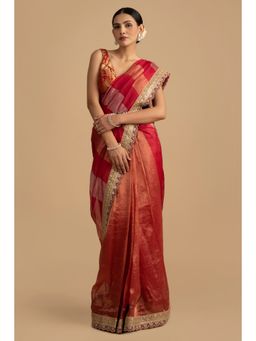 Zal from Benaras - Red Shaded Pure Tissue Silk Banarasi Saree with Stitched Blouse