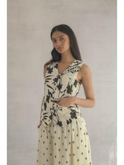 ROHO - Womens Cotton Linen Floral Off White Waistcoat Top