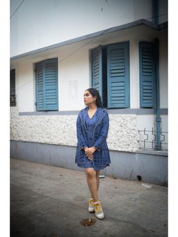 House of Surkh - Womens Cotton Printed Blue Dress with Jacket