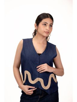 Naav - Womens Denim Self Design Navy Blue Waistcoat Top