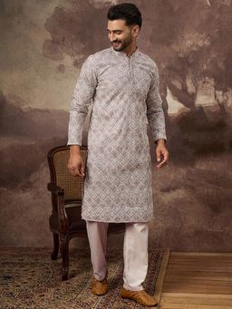 ETHNIC BAY - Men Viscose Rayon Solid Embroidered Mauve Straight Kurta