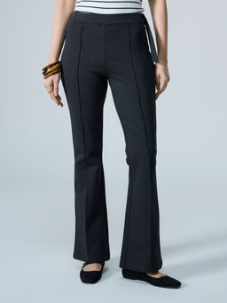 Twenty Dresses by Nykaa Fashion - Dark Grey Pintuck Buckle Loop Boot Cut Jeggings