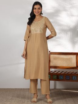 Libas - Beige Floral Yoke Design Straight Kurta with Beige Pant (Set of 2)