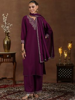 Libas - Purple Floral Zari Embroidered Patchwork Kurta with Palazzo & Dupatta (Set of 3)