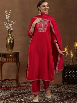 Libas - Red Zari Embroidered Yoke Design Kurta with Pant & Dupatta (Set of 3)