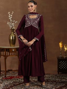 Libas - Purple Floral Embroidered Yoke Design Kurta with Pant & Dupatta (Set of 3)