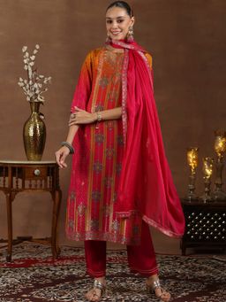 Libas - Pink Floral Woven Straight Kurta with Pant & Dupatta (Set of 3)