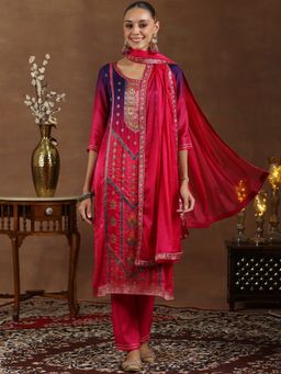 Libas - Pink Floral Woven Design Straight Kurta with Pant & Dupatta (Set of 3)