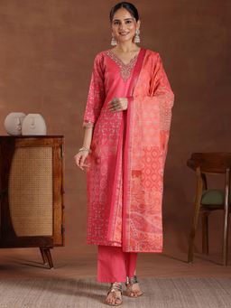 Libas - Pink Linen Printed Kurta Sets for Women