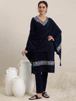 Libas - Blue Wool Blend Embroidered Kurta Sets for Women