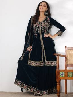 Libas - Teal Blue Velvet Embroidered Kurta Sets for Women