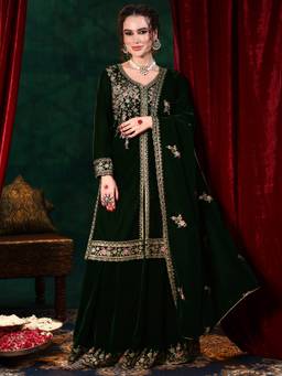Libas - Green Velvet Embroidered Kurta Sets for Women
