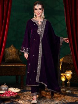Libas - Burgundy Velvet Embroidered Kurta Sets for Women