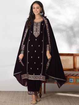 Libas - Burgundy Velvet Embroidered Kurta Sets for Women