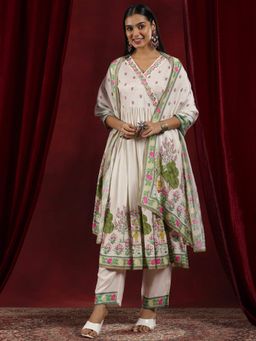 Libas Art - Off White Tribal Floral Angarkha Style Kurta with Pant & Dupatta (Set of 3)