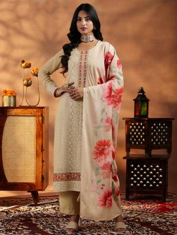 Libas - Beige Georgette Embroidered Kurta Sets for Women