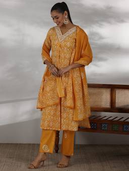 Libas - Gerua Mustard Printed Straight Suit With Dupatta