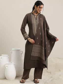 Libas - Brown Wool Blend Yoke Design Kurta Sets for Women