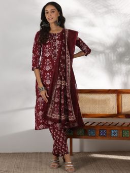 Libas - Maroon Pure Cotton Printed Kurta Sets for Women