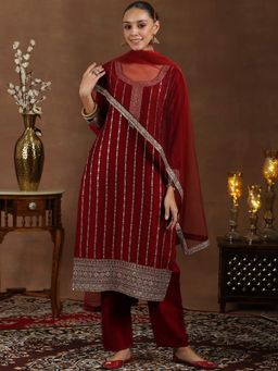 Libas - Maroon Silk Blend Embroidered Kurta Sets for Women
