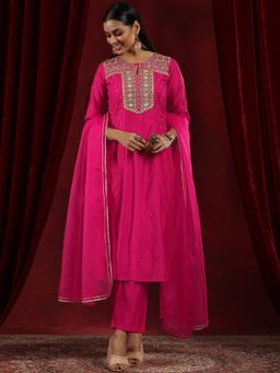 Libas Art - Pink Embroidered Yoke Design Kurta with Palazzo & Dupatta (Set of 3)