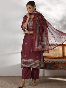 Libas - Maroon Silk Blend Printed Kurta Sets for Women