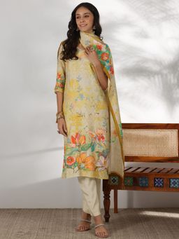 Libas - Beige Muslin Printed Kurta Sets for Women