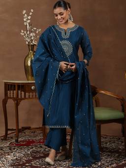 Libas - Teal Chanderi Silk Embroidered Kurta Sets for Women