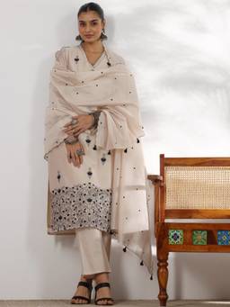 Libas - Beige Chanderi Silk Embroidered Kurta Sets for Women