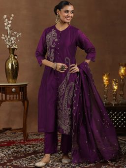 Libas - Burgundy Chanderi Silk Embroidered Kurta Sets for Women