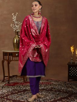 Gerua By Libas - Purple Silk Blend Yoke Design Straight Kurta & Pant with Dupatta (Set of 3)