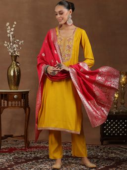 Gerua By Libas - Mustard Silk Blend Yoke Design Straight Kurta & Pant with Dupatta (Set of 3)