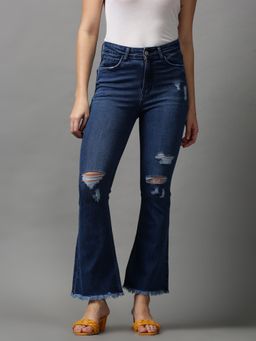 SHOWOFFFF - Womens Mildly Distressed Bootcut Navy Blue Denim Jeans