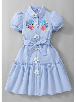 Hopscotch - Blue Floral Applique Casual Dress With Belt