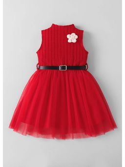 Hopscotch - Red Floral Applique Textured Dress With Belt