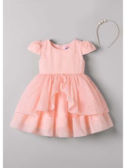 Hopscotch - Peach Textured Cap Sleeves Dress With Headband