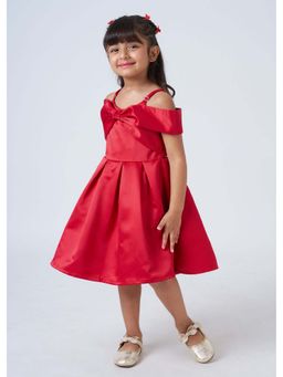 Hopscotch - Red Bow Applique Off Shoulder Dress