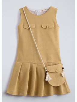 Hopscotch - Pleated Beige Pure Cotton Dress With Bag