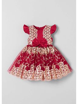 Hopscotch - Maroon Bow Applique Lace Statement Dress