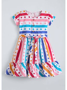 Hopscotch - Polka Dot Striped Ruffled Dress With Belt