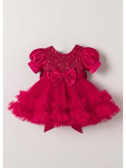 Hopscotch - Maroon Bow Applique Ruffled Sequined Dress