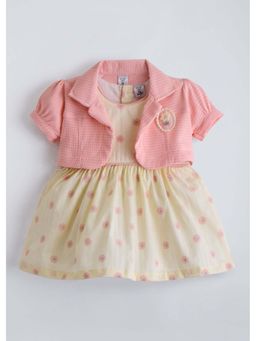 Hopscotch - Peach Floral Embroidery Cotton Dress With Shrug